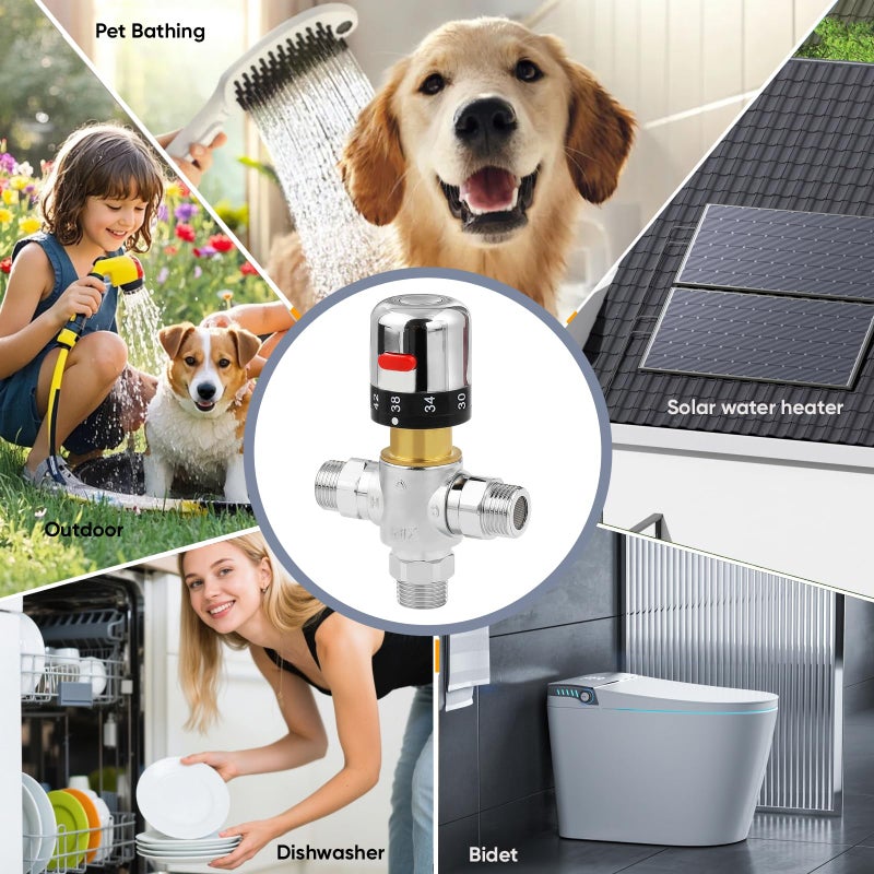 Fyeer 3-Way Thermostatic Mixing Valve, DN15 Temperature Control Bathroom Faucet and Shower Water Mixer Valve G1/2 NPS Male Connections,Chromeâ€¦ - Image 5